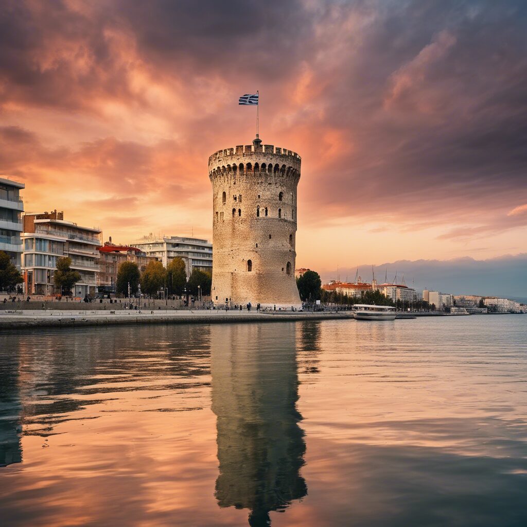 Panoramatický pohľad na Solún, druhé najväčšie mesto Grécka, s jeho historickými pamiatkami, prístavom a modernou architektúrou pod jasnou modrou oblohou.
